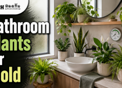 Modern bathroom with plants and text