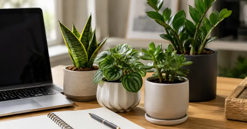 Modern workspace with plants and laptop