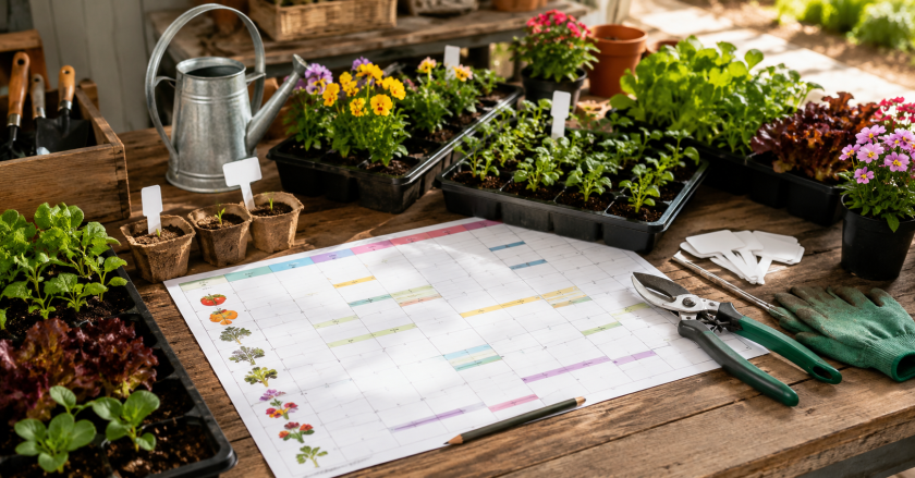 Sunlit greenhouse workspace with seedlings