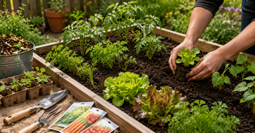 Sunny backyard gardening in progress