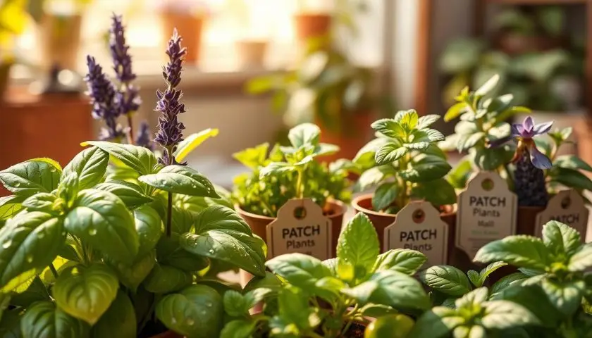 herbs that keep mosquitoes away in pots near an outdoor seating area