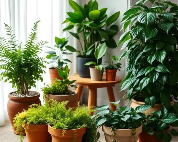 plants in pots in shade arranged on a shaded patio