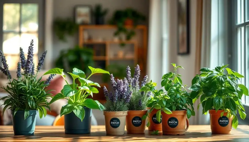 shade plants that repel mosquitoes in pots near a shaded outdoor seating area