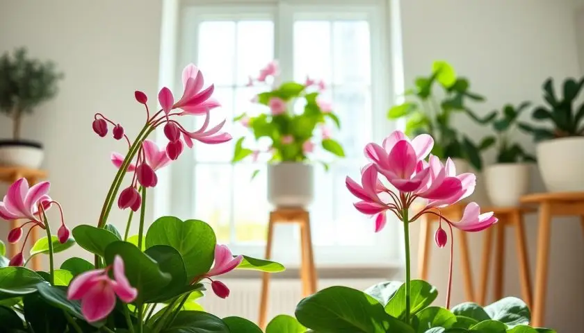 cyclamen light requirements with healthy pink and white flowers in bright filtered indoor light