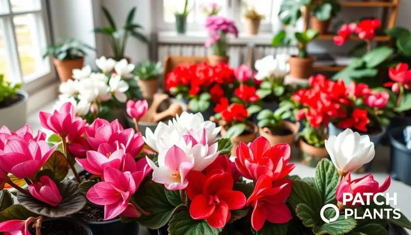 cyclamen care guide showing different pink white and red cyclamen varieties with patterned leaves
