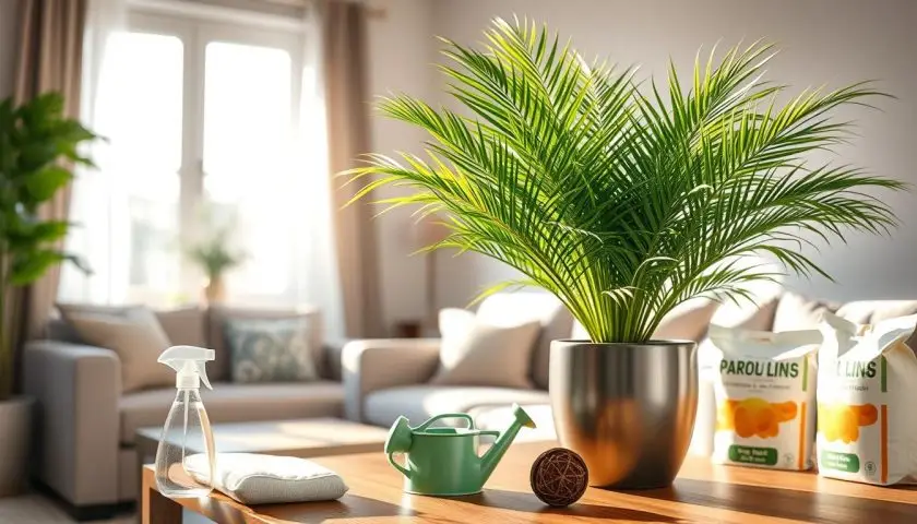 parlor palm care with healthy humidity and indoor temperature