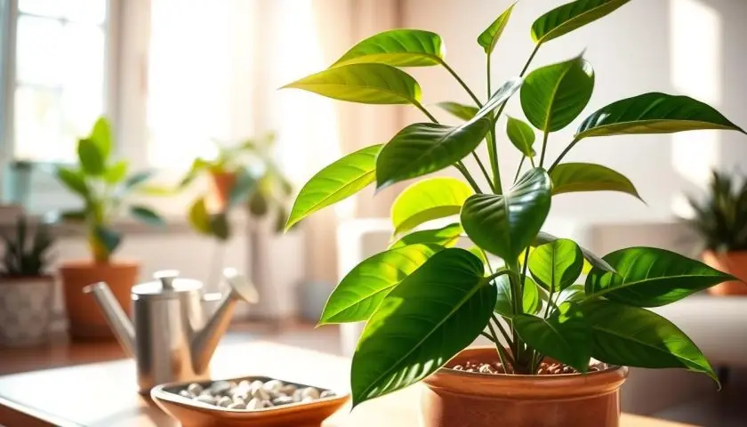 pruning schefflera plant pruning schefflera plant with watering can humidity tray and healthy umbrella plant leaves