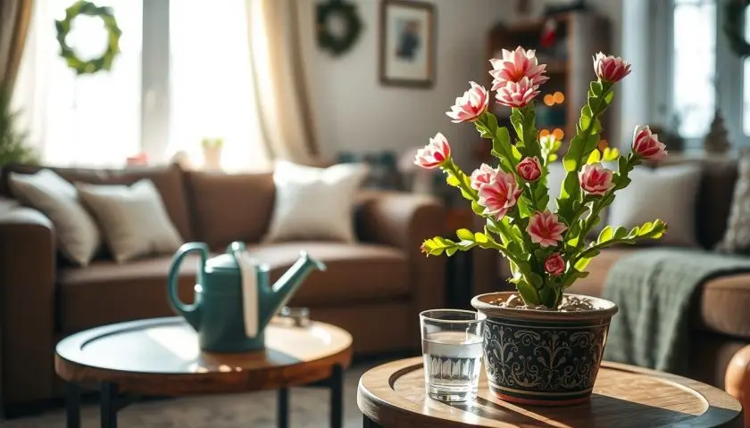christmas cactus maintenance indoors christmas cactus maintenance indoors with pruning and watering tools near a healthy plant