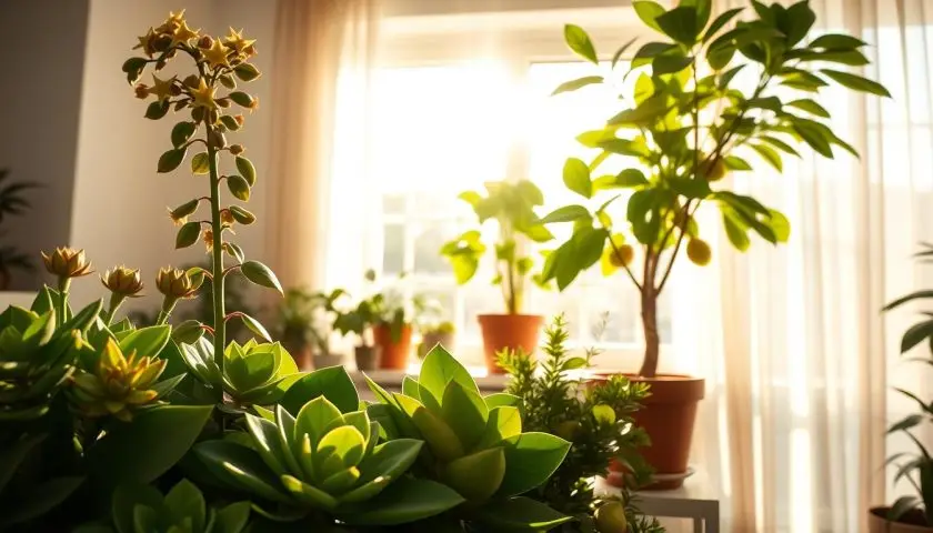 A bright, sun-drenched indoor space featuring a variety of lush house plants that thrive in direct sunlight. In the foreground, showcase vibrant green succulents with thick leaves, a flowering hoya with clusters of star-shaped blooms, and a tall, elegant fiddle leaf fig with large, glossy leaves. In the middle ground, place a sunny windowsill adorned with a cheerful potted lemon tree, bathed in golden sunlight streaming through the glass. The background should include softly blurred sheer curtains that diffuse the sunlight, creating a warm, inviting atmosphere. The scene is illuminated naturally, capturing the essence of sunlight enhancing the rich colors and textures of the plants, evoking a sense of serenity and vitality in a modern living space. A bright, sun-drenched indoor space featuring a variety of lush house plants that thrive in direct sunlight. In the foreground, showcase vibrant green succulents with thick leaves, a flowering hoya with clusters of star-shaped blooms, and a tall, elegant fiddle leaf fig with large, glossy leaves. In the middle ground, place a sunny windowsill adorned with a cheerful potted lemon tree, bathed in golden sunlight streaming through the glass. The background should include softly blurred sheer curtains that diffuse the sunlight, creating a warm, inviting atmosphere. The scene is illuminated naturally, capturing the essence of sunlight enhancing the rich colors and textures of the plants, evoking a sense of serenity and vitality in a modern living space.