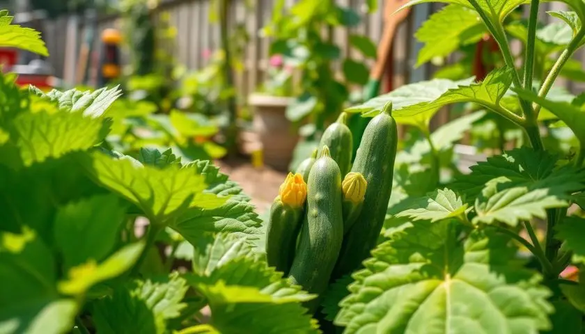 Japanese cucumber plant varieties Japanese cucumber plant varieties growing with flowers and young fruit in a home garden