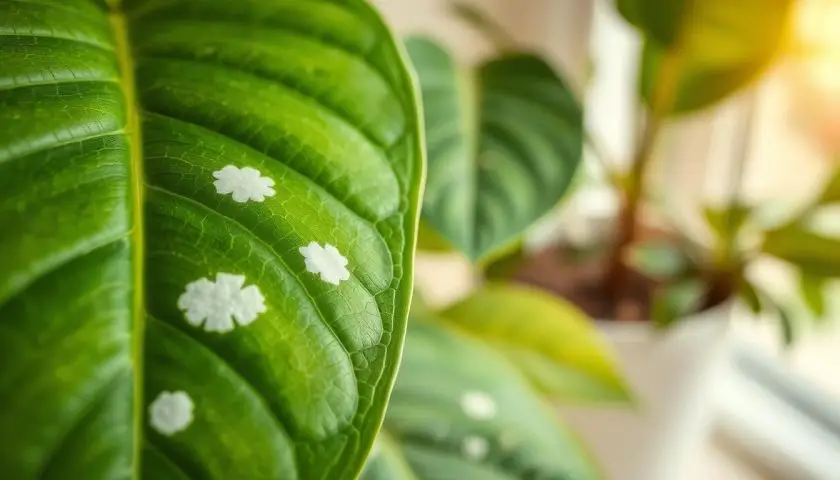 A close-up, photorealistic image of a healthy indoor plant leaf with distinct white spots, illustrating signs of potential diseases or pests. In the foreground, focus on the textured green leaf with varying shapes of white spots, highlighting the contrast against its vibrant green color. In the middle ground, include a slightly blurred view of other healthy leaves, suggesting an indoor plant setting bathed in soft, natural light. The background should feature a subtle out-of-focus pot and surrounding greenery to enhance the indoor atmosphere. Ensure the lighting is warm and inviting, creating a calm, educational mood suitable for diagnosing plant issues. The composition should be clear and detailed, allowing viewers to examine the leaf spots closely without any distractions. A close-up, photorealistic image of a healthy indoor plant leaf with distinct white spots, illustrating signs of potential diseases or pests. In the foreground, focus on the textured green leaf with varying shapes of white spots, highlighting the contrast against its vibrant green color. In the middle ground, include a slightly blurred view of other healthy leaves, suggesting an indoor plant setting bathed in soft, natural light. The background should feature a subtle out-of-focus pot and surrounding greenery to enhance the indoor atmosphere. Ensure the lighting is warm and inviting, creating a calm, educational mood suitable for diagnosing plant issues. The composition should be clear and detailed, allowing viewers to examine the leaf spots closely without any distractions.