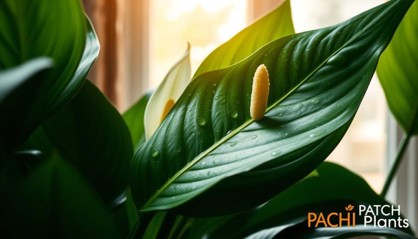 peace lily watering schedule with healthy leaves and soft indoor light