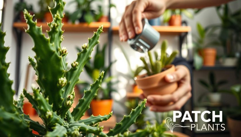 fishbone cactus watering with a draining pot and healthy zig zag stems indoors
