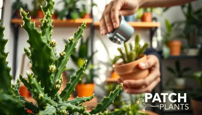 fishbone cactus watering with a draining pot and healthy zig zag stems indoors