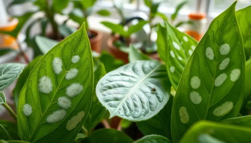 A close-up, photorealistic image of lush green plant leaves displaying various common causes of white spots. In the foreground, detailed leaves exhibit white spots caused by powdery mildew, spider mites, and thrips, showcasing their unique textures and patterns. In the middle ground, a healthy leaf contrasts with affected ones, enhancing the visual narrative of plant health issues. The background features soft, blurred elements of plant care tools, like a watering can and fertilizer, subtly accentuated by gentle, natural lighting that streams through a nearby window. The atmosphere should convey a sense of awareness and education, encouraging viewers to recognize and address these leaf spot issues effectively. A close-up, photorealistic image of lush green plant leaves displaying various common causes of white spots. In the foreground, detailed leaves exhibit white spots caused by powdery mildew, spider mites, and thrips, showcasing their unique textures and patterns. In the middle ground, a healthy leaf contrasts with affected ones, enhancing the visual narrative of plant health issues. The background features soft, blurred elements of plant care tools, like a watering can and fertilizer, subtly accentuated by gentle, natural lighting that streams through a nearby window. The atmosphere should convey a sense of awareness and education, encouraging viewers to recognize and address these leaf spot issues effectively.