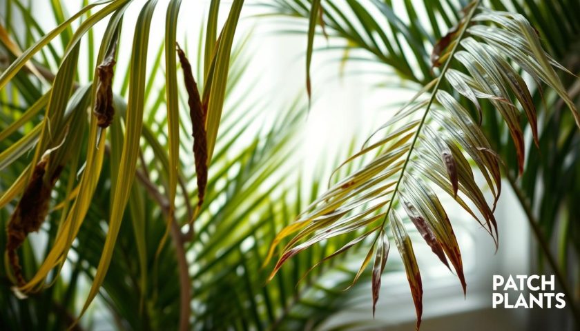 dying parlor palm symptoms with yellowing fronds and brown leaf tips