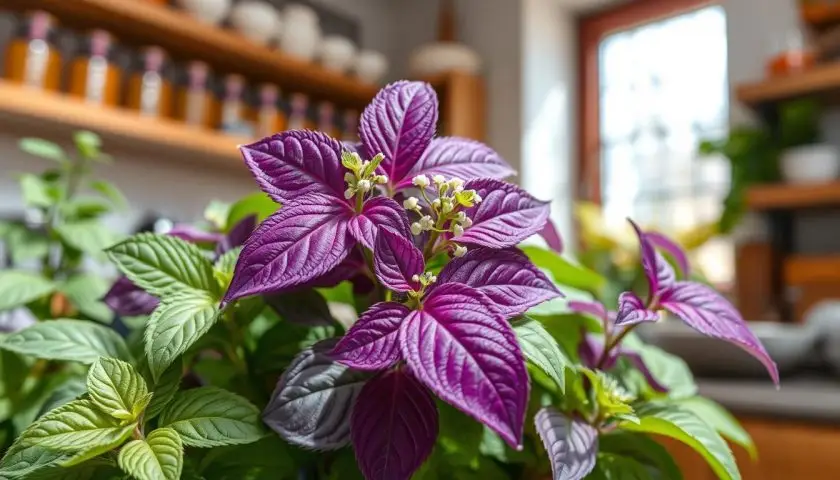 close up of purple basil plant leaves with glossy dark purple foliage