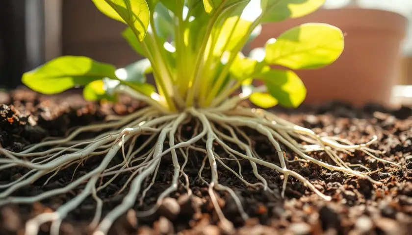 healthy plant roots healthy plant roots nestled in rich soil with fresh white roots and green growth