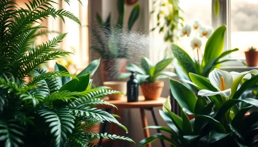 benefits of misting for plants shown with ferns orchids and peace lilies indoors