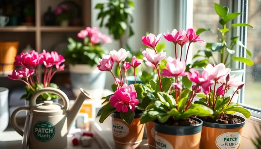 cyclamen watering tips with pink and white flowers in pots and a watering can indoors