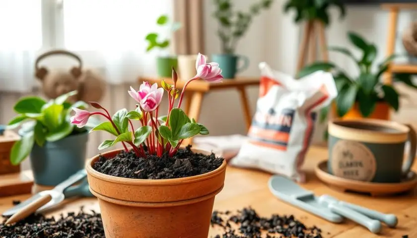 cyclamen soil and pot indoors cyclamen soil and pot setup indoors with potting mix tools and a healthy flowering cyclamen