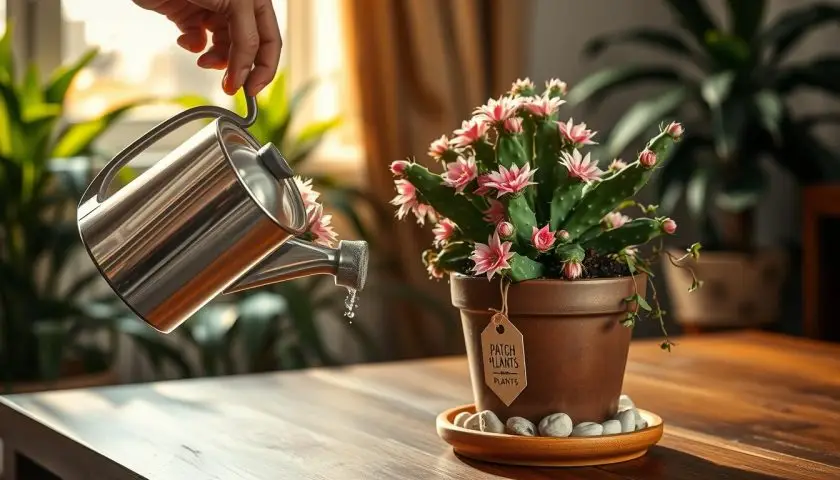 christmas cactus care in bloom with watering and bright indoor light