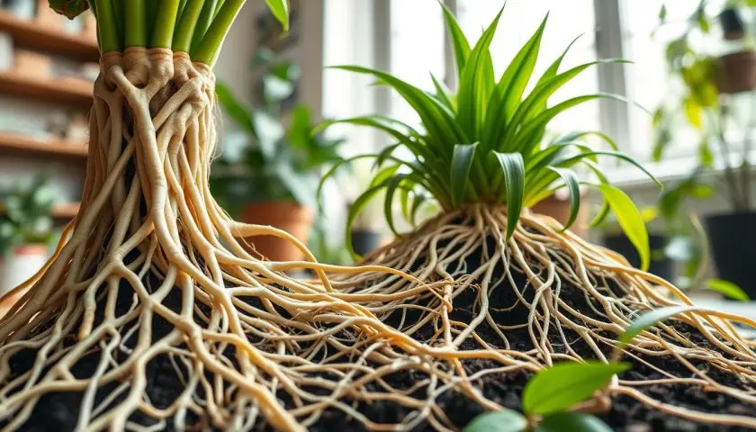 spider plant roots showing thick tuberous roots during transplanting