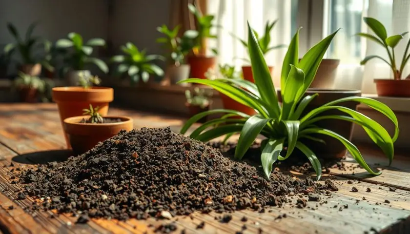 spider plant soil mix with potting soil perlite coco coir and bark on a wooden table