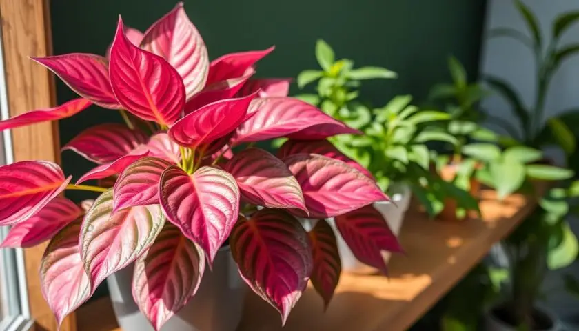 pink and green variegated plant pink and green variegated plant with bright indoor foliage near a window