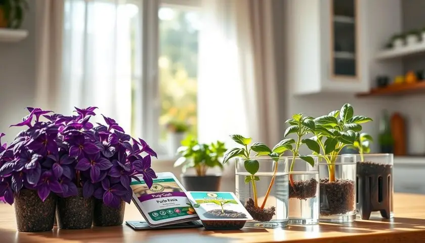 growing purple basil from seed with young purple basil seedlings and planting tools