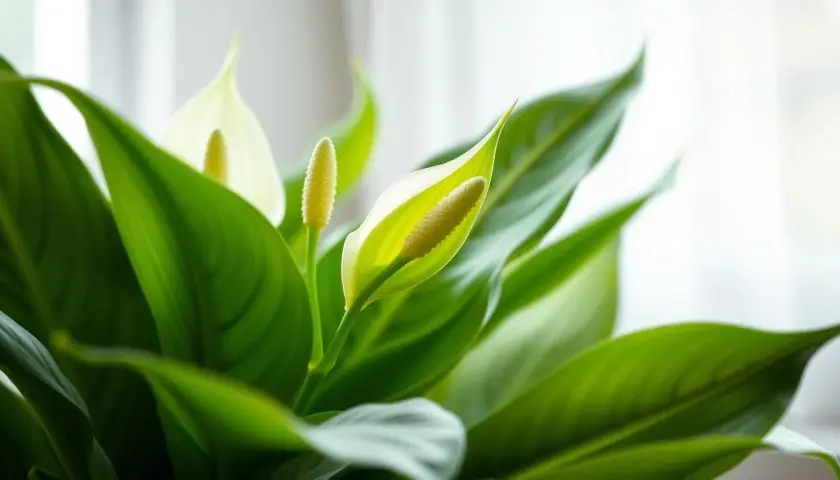 green peace lily blooms close up with healthy glossy leaves