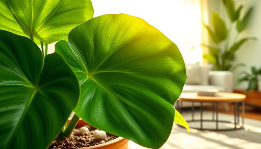 indoor elephant ear care with large green leaves in bright filtered light