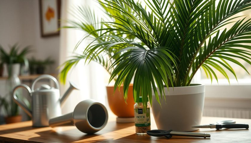 parlor palm care with healthy green fronds watering can and indoor plant tools