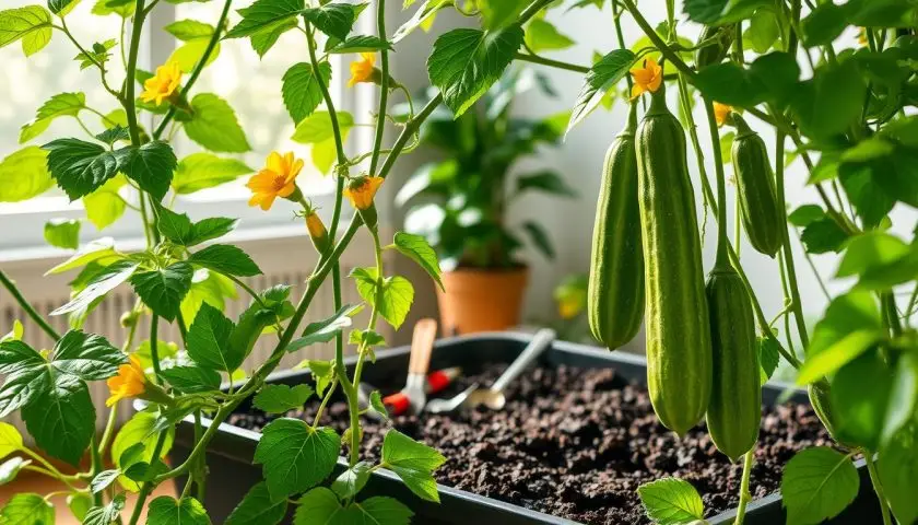 Japanese cucumber plant care indoors Japanese cucumber plant growing in a container with trellis support