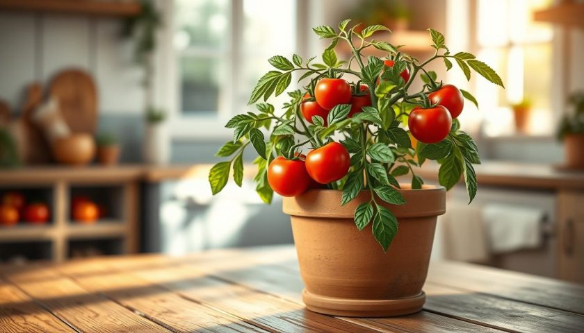 A photorealistic image of a tomato plant in a medium-sized terracotta pot, showcasing vibrant green leaves and ripe red tomatoes. The pot itself is placed on a rustic wooden table, with a light breeze causing soft shadows to dance across the surface. In the background, subtle hints of a bright kitchen with natural light pouring in through a window create an inviting atmosphere. The focus is sharp on the pot and plant, with a slight depth of field blurring the background, emphasizing the container size appropriate for growing tomatoes. The lighting is warm and natural, reflecting a cozy indoor gardening space, perfect for viewers seeking to understand the right pot size for tomato planting.
