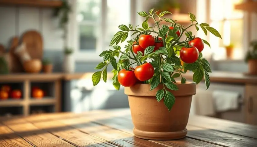 A photorealistic image of a tomato plant in a medium-sized terracotta pot, showcasing vibrant green leaves and ripe red tomatoes. The pot itself is placed on a rustic wooden table, with a light breeze causing soft shadows to dance across the surface. In the background, subtle hints of a bright kitchen with natural light pouring in through a window create an inviting atmosphere. The focus is sharp on the pot and plant, with a slight depth of field blurring the background, emphasizing the container size appropriate for growing tomatoes. The lighting is warm and natural, reflecting a cozy indoor gardening space, perfect for viewers seeking to understand the right pot size for tomato planting. A photorealistic image of a tomato plant in a medium-sized terracotta pot, showcasing vibrant green leaves and ripe red tomatoes. The pot itself is placed on a rustic wooden table, with a light breeze causing soft shadows to dance across the surface. In the background, subtle hints of a bright kitchen with natural light pouring in through a window create an inviting atmosphere. The focus is sharp on the pot and plant, with a slight depth of field blurring the background, emphasizing the container size appropriate for growing tomatoes. The lighting is warm and natural, reflecting a cozy indoor gardening space, perfect for viewers seeking to understand the right pot size for tomato planting.