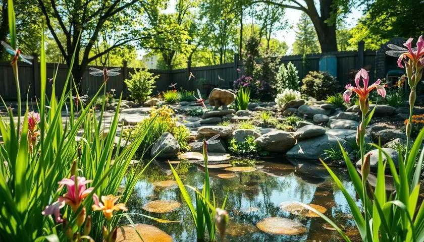 dragonfly-friendly plants around a clear pond with reeds iris rocks and logs