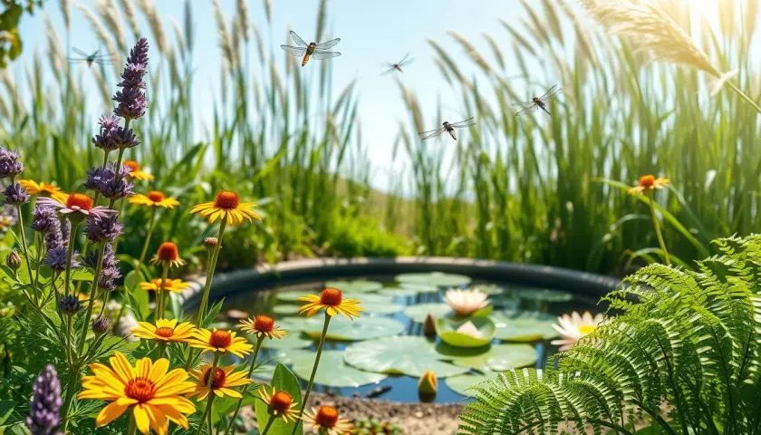 plants for attracting dragonflies with pond water lilies native flowers grasses and hovering dragonflies
