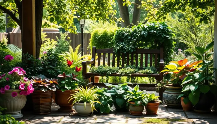 shade garden containers shade garden containers with ferns hostas caladiums ivy and colourful pots in dappled light
