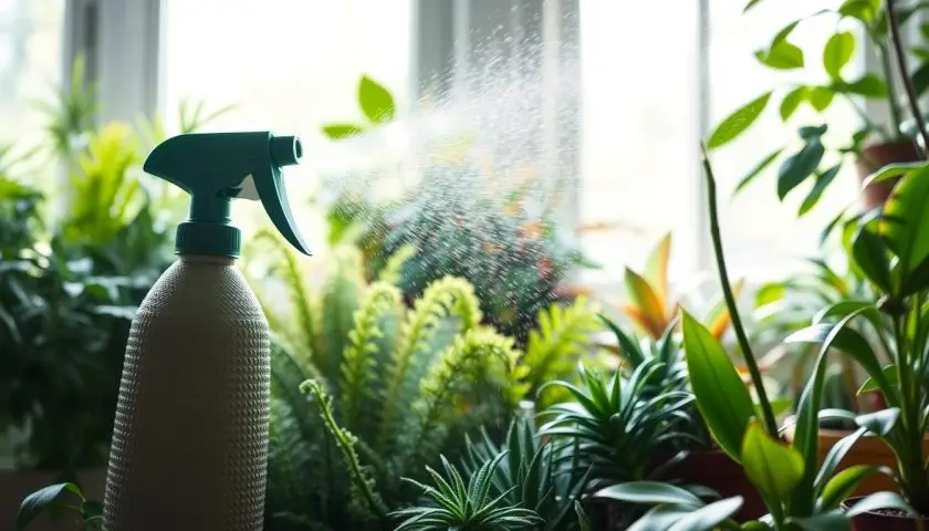 indoor plant misting with tropical houseplants and a fine spray bottle