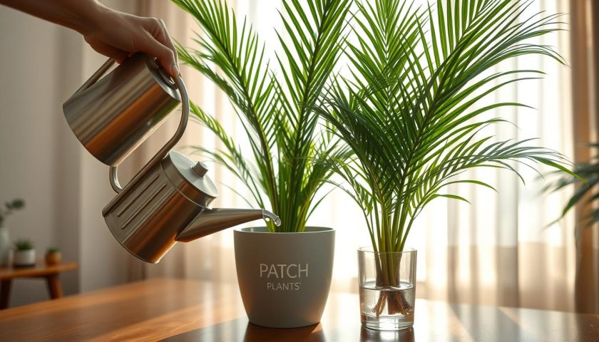 parlor palm watering indoors with a healthy plant in bright filtered light