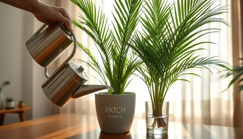 parlor palm watering parlor palm watering indoors with a healthy plant in bright filtered light