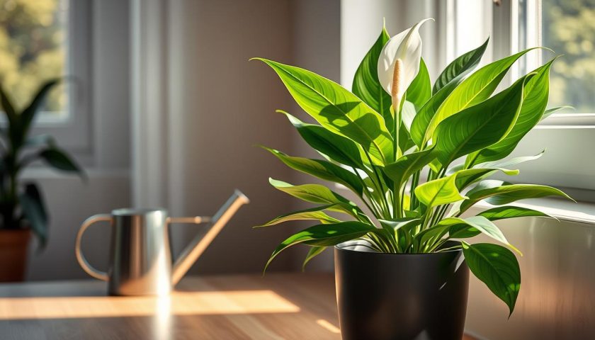 peace lily watering tips with a watering can beside a healthy indoor peace lily