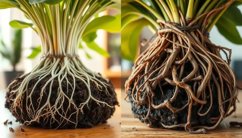 root rot signs healthy roots vs root rot comparison with white firm roots and dark mushy rotten roots