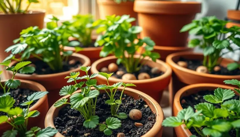 potato plants in pots potato plants in pots with healthy green foliage in a small container garden