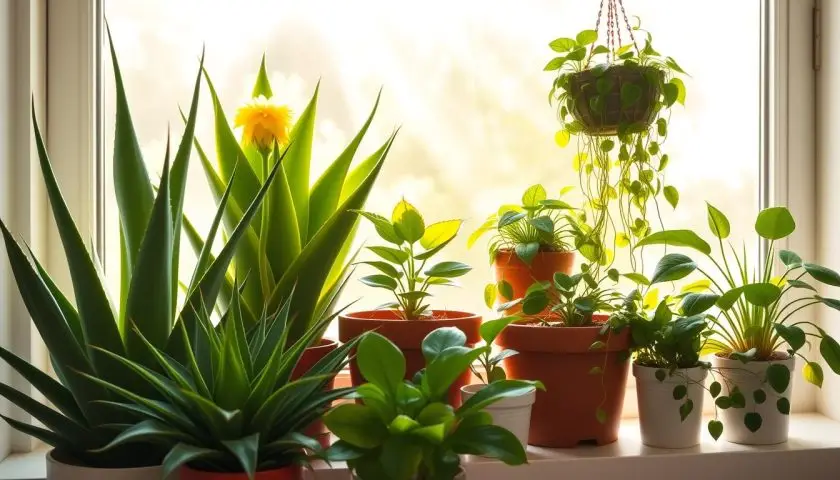 A vibrant collection of indoor plants that thrive in direct sunlight, displayed on a sunny windowsill. In the foreground, showcase a striking arrangement of a tall, spiky Aloe Vera, a blooming yellow Kalanchoe, and lush green Snake Plant. In the middle, include a round terracotta pot with a vibrant Green Zamioculcas and a delicate hanging pot with cascading String of Hearts. The background features a soft-focus view of a sunlit room, highlighting rays of golden sunlight streaming through the window, creating a warm and inviting atmosphere. Use natural light to enhance the colors and textures of the plants, emphasizing their health and vitality. The overall mood should feel cheerful and refreshing, celebrating the beauty of house plants in bright conditions. A vibrant collection of indoor plants that thrive in direct sunlight, displayed on a sunny windowsill. In the foreground, showcase a striking arrangement of a tall, spiky Aloe Vera, a blooming yellow Kalanchoe, and lush green Snake Plant. In the middle, include a round terracotta pot with a vibrant Green Zamioculcas and a delicate hanging pot with cascading String of Hearts. The background features a soft-focus view of a sunlit room, highlighting rays of golden sunlight streaming through the window, creating a warm and inviting atmosphere. Use natural light to enhance the colors and textures of the plants, emphasizing their health and vitality. The overall mood should feel cheerful and refreshing, celebrating the beauty of house plants in bright conditions.