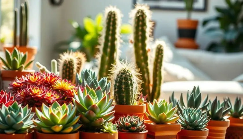 A vibrant collection of sun-loving succulents and cacti arranged in a bright, sunlit room. In the foreground, a variety of colorful succulents in decorative terracotta pots showcase their distinct shapes and textures, such as Echeveria, Aloe Vera, and Jade plants. The middle ground features a tall, spiky Saguaro cactus and a charming barrel cactus, both basking in the warm rays streaming through a nearby window. The background is softly blurred, hinting at a cozy living space with light-colored walls and a touch of greenery. The natural light creates soft shadows and highlights the glossy surfaces of the plants, evoking a cheerful, inviting atmosphere perfect for plant enthusiasts. The composition captures a sense of tranquility and vibrant life in a sun-drenched environment. A vibrant collection of sun-loving succulents and cacti arranged in a bright, sunlit room. In the foreground, a variety of colorful succulents in decorative terracotta pots showcase their distinct shapes and textures, such as Echeveria, Aloe Vera, and Jade plants. The middle ground features a tall, spiky Saguaro cactus and a charming barrel cactus, both basking in the warm rays streaming through a nearby window. The background is softly blurred, hinting at a cozy living space with light-colored walls and a touch of greenery. The natural light creates soft shadows and highlights the glossy surfaces of the plants, evoking a cheerful, inviting atmosphere perfect for plant enthusiasts. The composition captures a sense of tranquility and vibrant life in a sun-drenched environment.