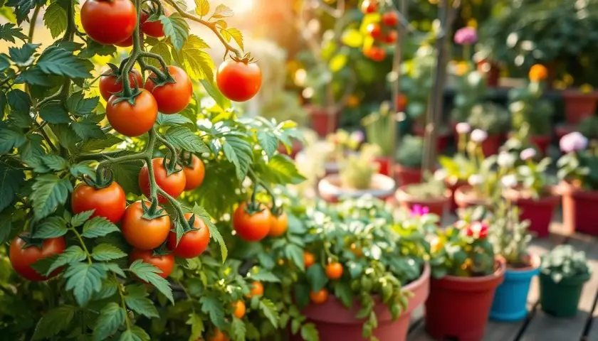 A vibrant container garden featuring a variety of lush, green tomato plants in colorful pots. In the foreground, close-up views of ripe red tomatoes hanging among thick, healthy foliage. In the middle ground, several pots of different tomato varieties, including cherry and heirloom, arranged on a wooden patio table. The background showcases a soft-focus garden scene with potted herbs and flowers, bathed in warm, natural sunlight filtering through leaves, casting gentle shadows. The composition should exude a cozy and productive atmosphere, highlighting the beauty and potential of container gardening in small spaces. Ideal for showcasing indoor plant care. A vibrant container garden featuring a variety of lush, green tomato plants in colorful pots. In the foreground, close-up views of ripe red tomatoes hanging among thick, healthy foliage. In the middle ground, several pots of different tomato varieties, including cherry and heirloom, arranged on a wooden patio table. The background showcases a soft-focus garden scene with potted herbs and flowers, bathed in warm, natural sunlight filtering through leaves, casting gentle shadows. The composition should exude a cozy and productive atmosphere, highlighting the beauty and potential of container gardening in small spaces. Ideal for showcasing indoor plant care.