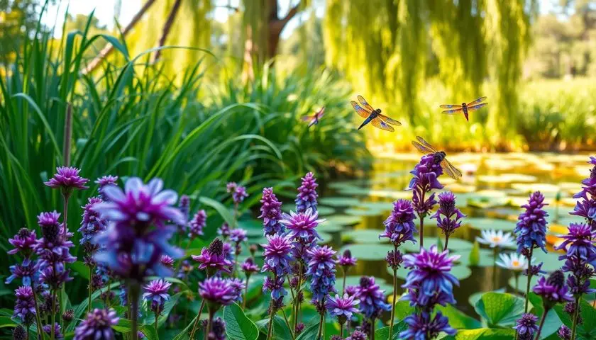dragonfly attracting plants around a pond with flowers grasses and water lilies