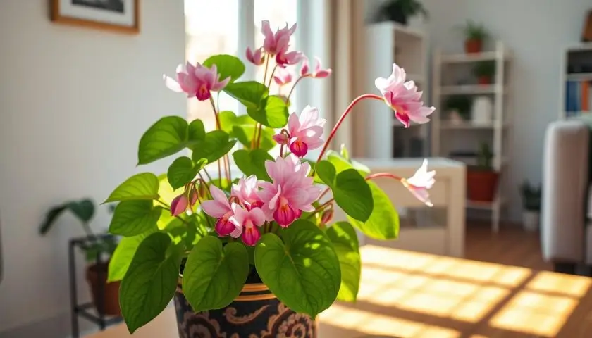 healthy indoor cyclamen plant healthy indoor cyclamen plant with firm patterned leaves and pink and white flowers near a bright window